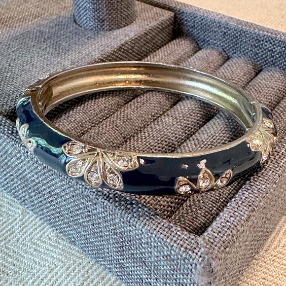 Vintage Jewelry - Navy, Gold & Crystal Rhinestone Vintage Clamper Bangle Bracelet